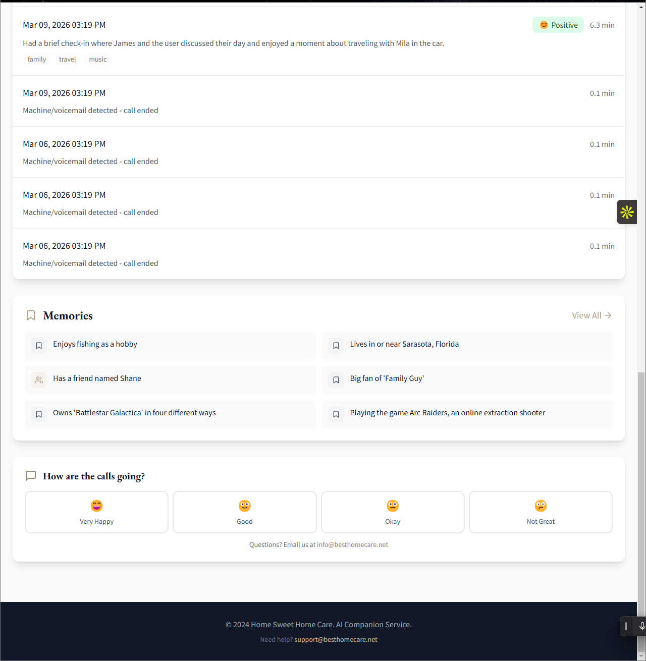 Memories learned from conversations and mood feedback section